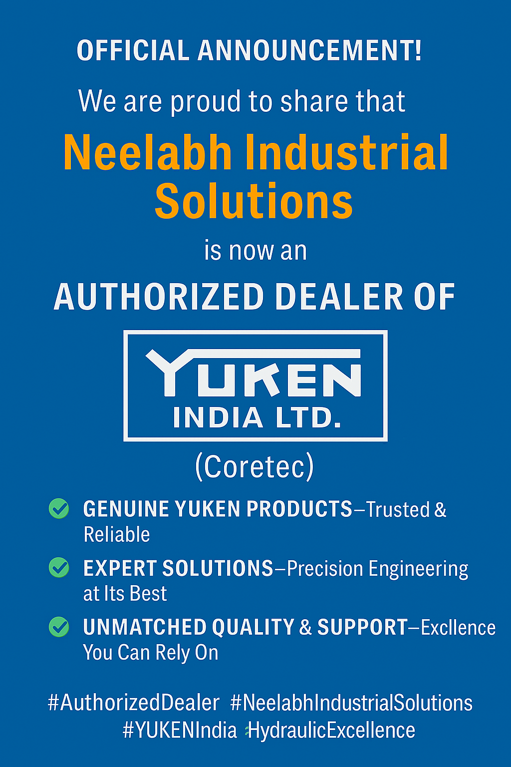 Authorized Dealer Certificate of Yuken India Ltd awarded to Neelabh Industrial Solutions for Bhiwadi and Alwar region