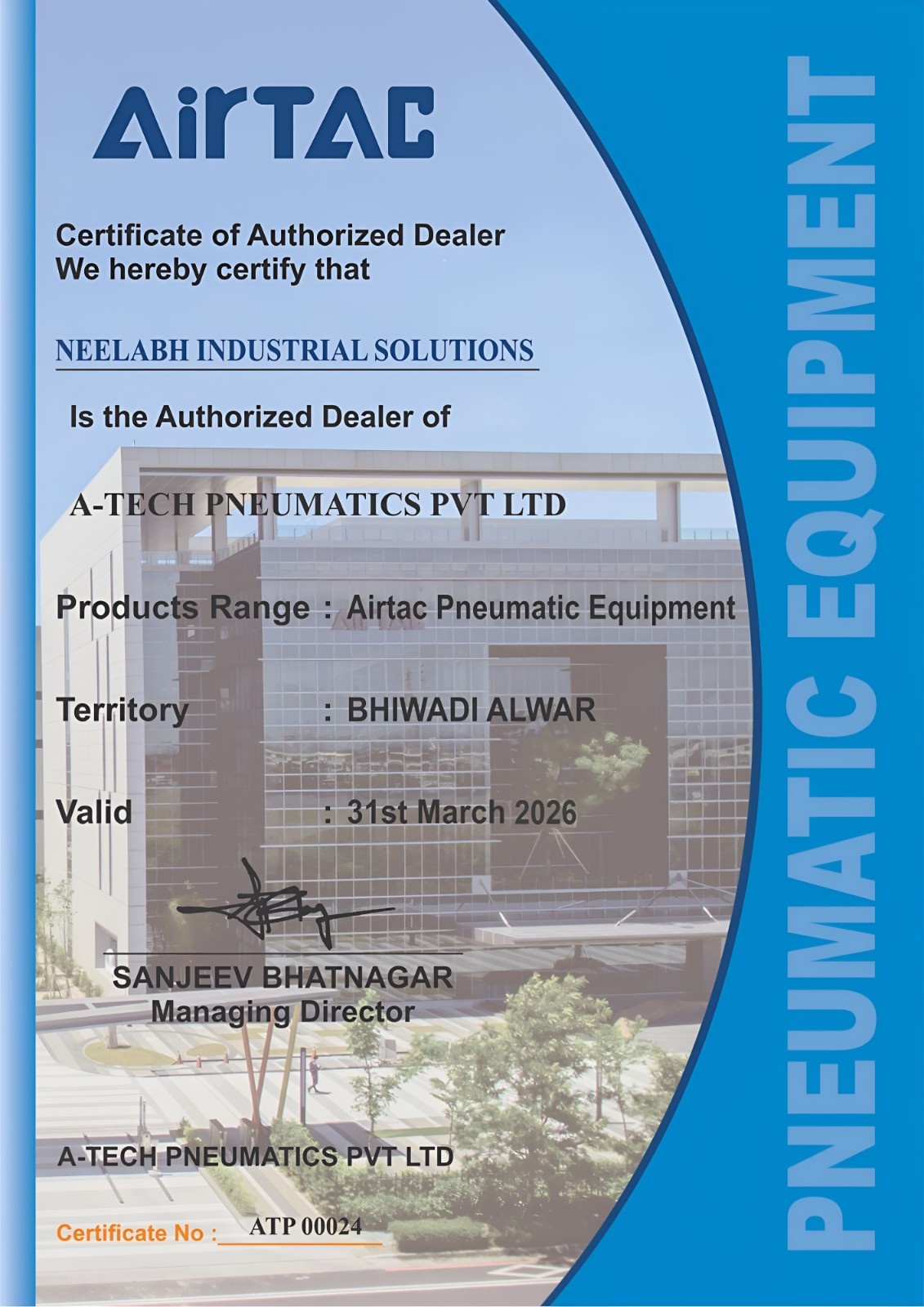 Authorized Dealer Certificate of Airtac Pneumatics awarded to Neelabh Industrial Solutions for Bhiwadi and Alwar region
