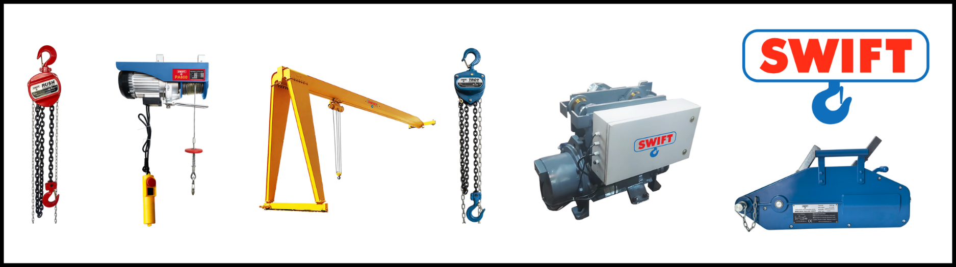 Consolidated Swift cranes, hoists, chain pulley blocks and material handling equipment supplied by Neelabh Industrial Solutions.